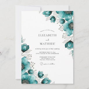 Invitation Mariage fantaisiste aux fleurs de bleu-vert