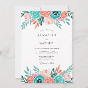 Invitation Mariage fantaisiste aux fleurs de corail sarcelle