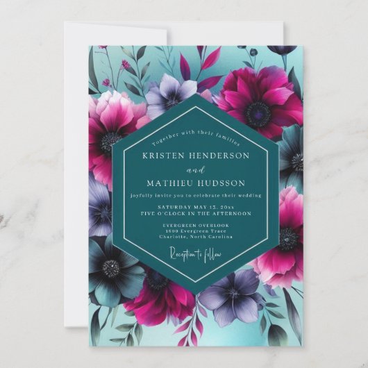 Invitation Mariage Fantaisiste aux Fleurs de Teal (Devant)