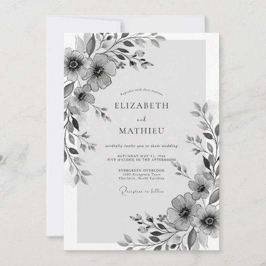 Invitation Mariage fantaisiste aux fleurs grises (Devant)