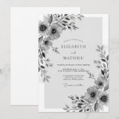 Invitation Mariage fantaisiste aux fleurs grises (Devant / Derrière)