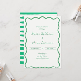 Invitation Mariage Fantaisiste avec Rayures Manuscrites Verte
