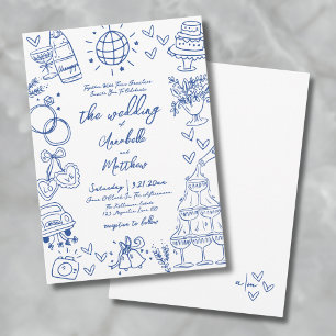 Invitation Mariage Fantaisiste Bleu Dessiné à la Main