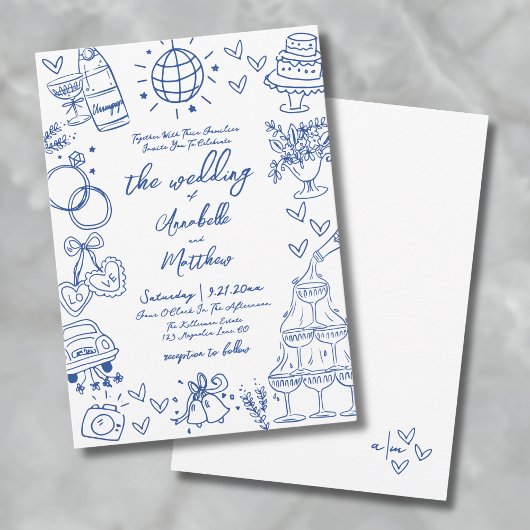 Invitation Mariage Fantaisiste Bleu Dessiné à la Main