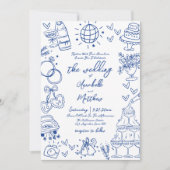 Invitation Mariage Fantaisiste Bleu Dessiné à la Main (Devant)