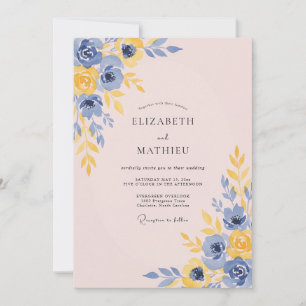 Invitation Mariage Fantaisiste Bleu Poussiéreux Fleurissant