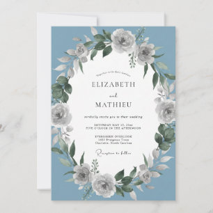 Invitation Mariage fantaisiste botanique bleu poussiéreux