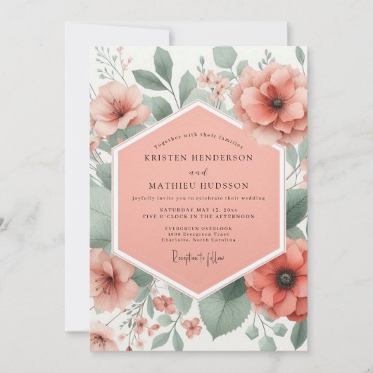 Invitation Mariage fantaisiste de floraison de corail (Devant)