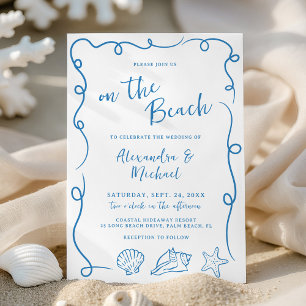 Invitation Mariage fantaisiste dessiné à la main sur la plage