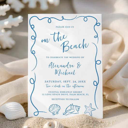 Invitation Mariage fantaisiste dessiné à la main sur la plage
