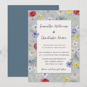 Invitation Mariage Fantaisiste Fleur Sauvage Bleu Poussiéreux