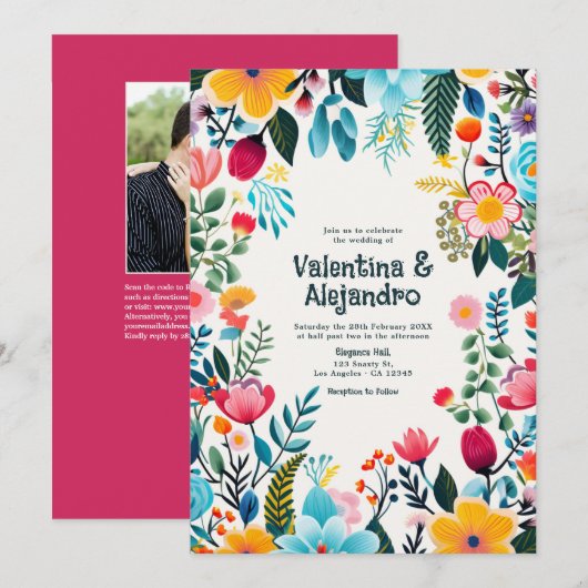 Invitation Mariage Fantaisiste Floral Fiesta Photo et Code QR (Devant / Derrière)