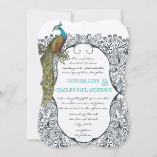 Invitation Mariage fantaisiste Navy motif oiseau d'amour paon