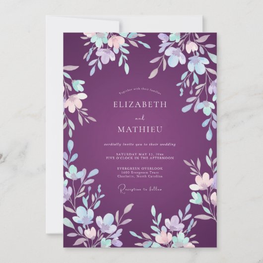 Invitation Mariage fantaisiste profond prune doux (Devant)