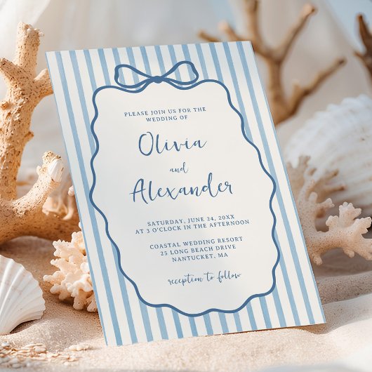 Invitation Mariage Fantaisiste Rayure Nœud Bleu Poussiéreux I