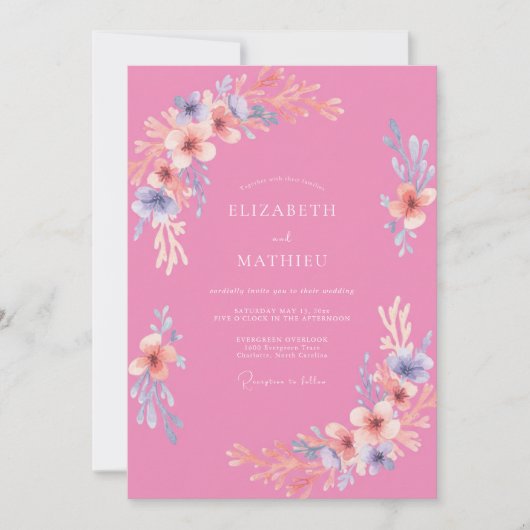 Invitation Mariage Fantaisiste Rose Clair Fleurissant (Devant)