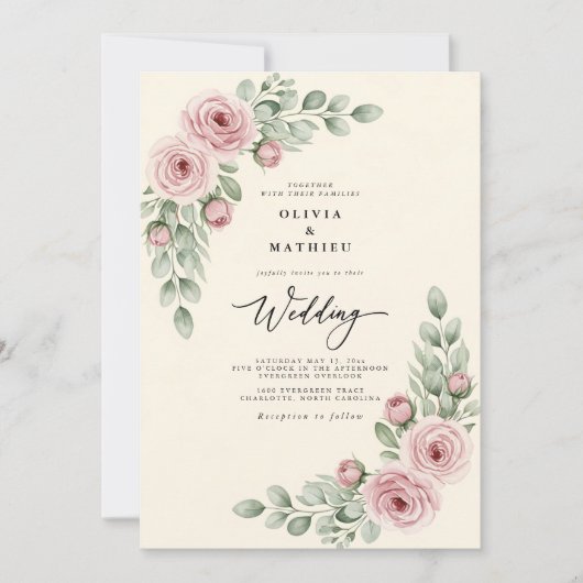 Invitation Mariage Fantaisiste Rose Poussiéreux (Devant)