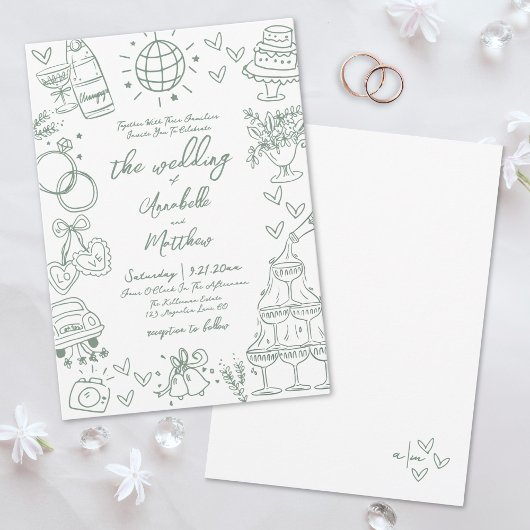 Invitation Mariage fantaisiste vert dessiné à la main
