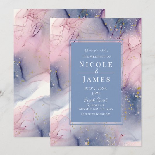Invitation Mariage Fantastique à l'encre rose bleu pâle doré (Devant / Derrière)