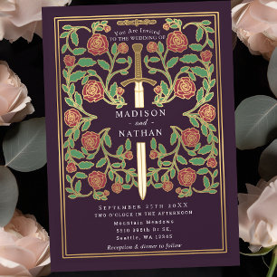 Invitation Mariage Fantasy Médiéval Floral Épée Aubergine 