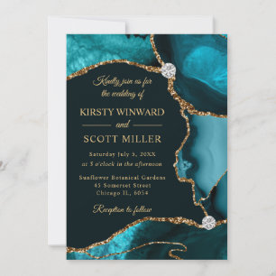Invitation Mariage Fausse Agate Pailletée Sarcelle et Or