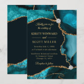 Invitation Mariage Fausse Agate Pailletée Sarcelle et Or (Devant / Derrière)