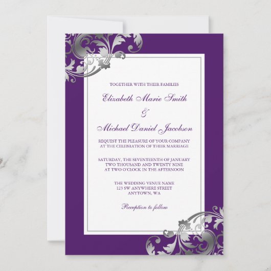 Invitation Mariage Faux Argent et Violet Flourd (Devant)