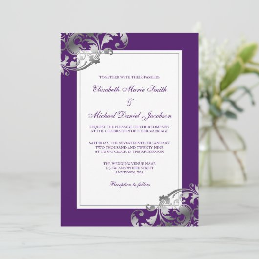 Invitation Mariage Faux Argent et Violet Flourd (Debout devant)