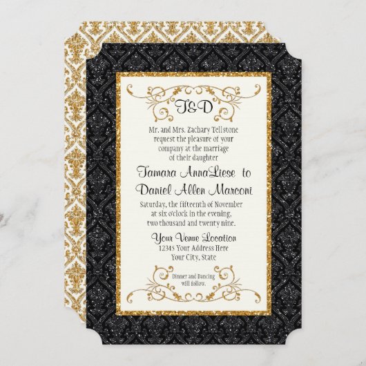 Invitation Mariage Faux Black Gold Parties scintillant Damask (Devant / Derrière)