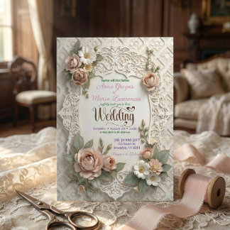 Invitation Mariage Faux Floral Rose Faux Découpe Laser Dentel