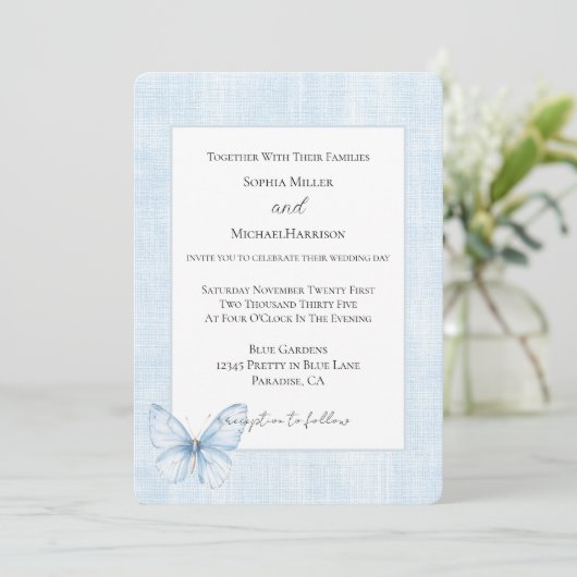 Invitation Mariage Faux Lin Papillon Bleu Bébé (Debout devant)
