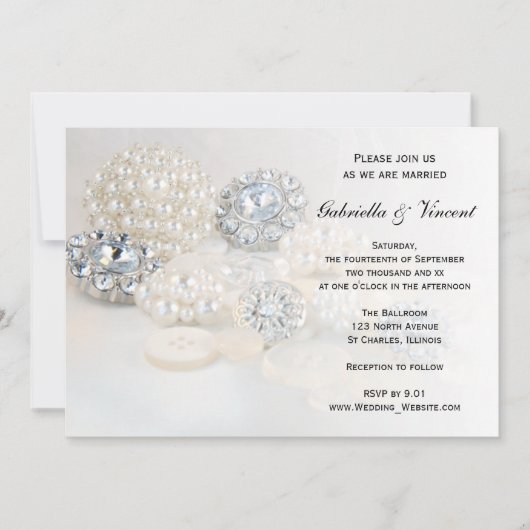 Invitation Mariage Faux White Pearl and Diamond Buttons (Devant)