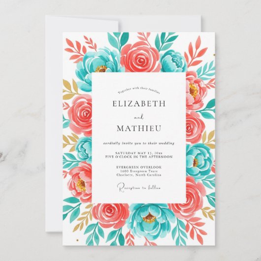 Invitation Mariage Félicité Botanique Turquoise Corail (Devant)