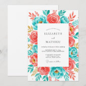 Invitation Mariage Félicité Botanique Turquoise Corail (Devant / Derrière)