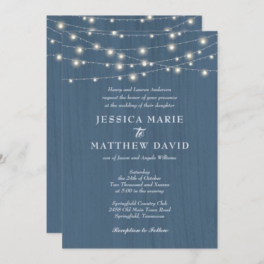 Invitation Mariage Ferme Rustique Lumières Féériques Bleu Pou (Devant / Derrière)