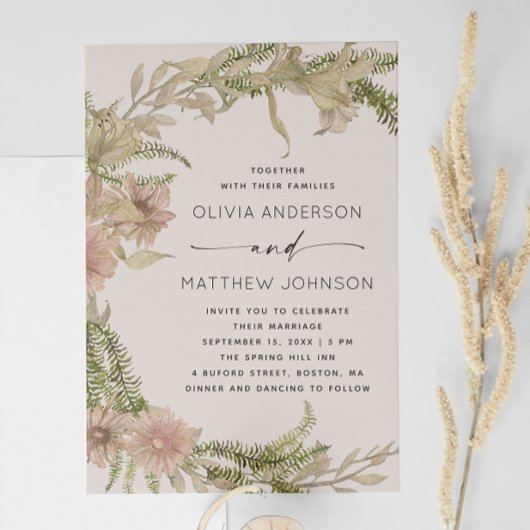 Invitation Mariage ferns & fleurs | Boho taupe chaud doux + Q