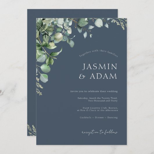 Invitation Mariage Festif Royal Blue Opulence Eucalyptus (Devant / Derrière)