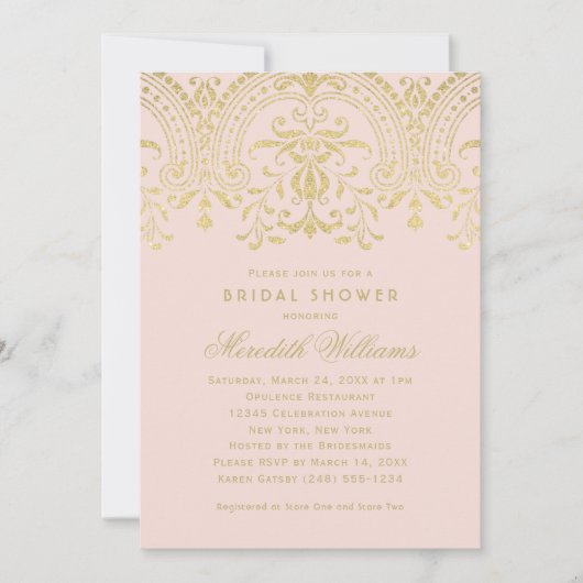 Invitation Mariage Fête de Fiançailles Rose Poudré Damask Or (Devant)