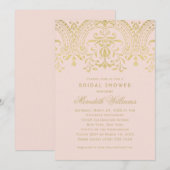 Invitation Mariage Fête de Fiançailles Rose Poudré Damask Or (Devant / Derrière)