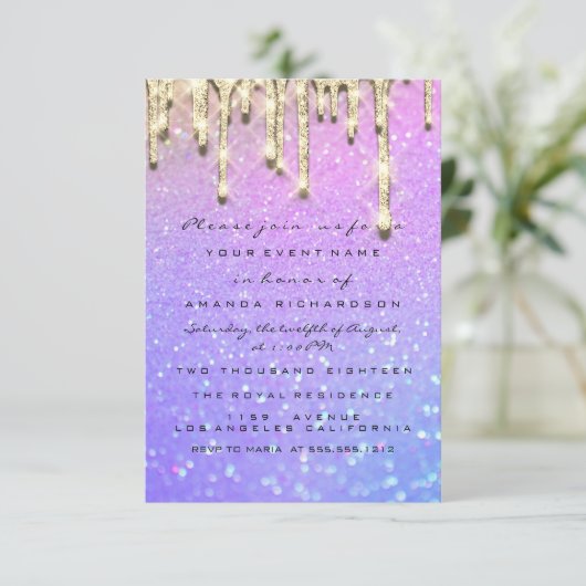 Invitation Mariage Fête Douze Ans Rose Paillettes Holographiq (Debout devant)