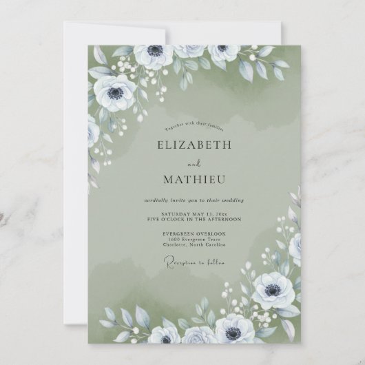 Invitation Mariage Feuillage Anémone Sage (Devant)