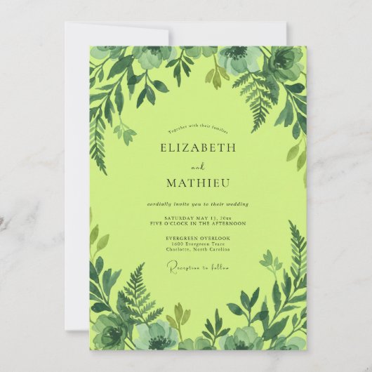 Invitation Mariage Feuillage Aquarelle Citron Vert (Devant)