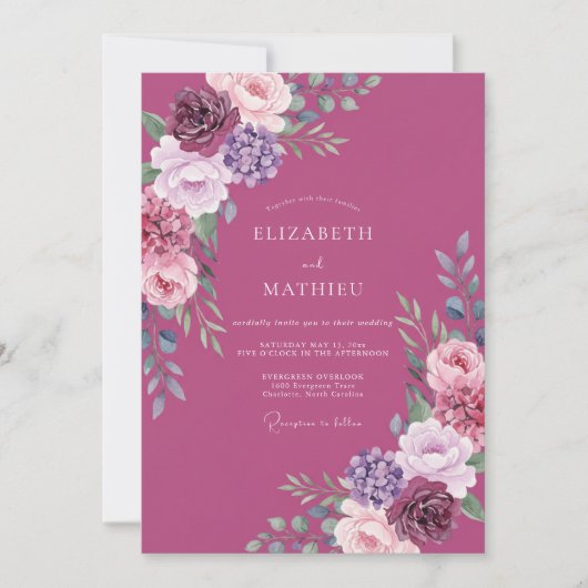 Invitation Mariage Feuillage Aquarelle prune (Devant)
