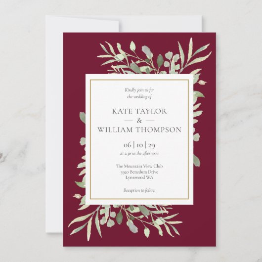 Invitation Mariage Feuillage de Verdure à l'Aquarelle en Bour (Devant)
