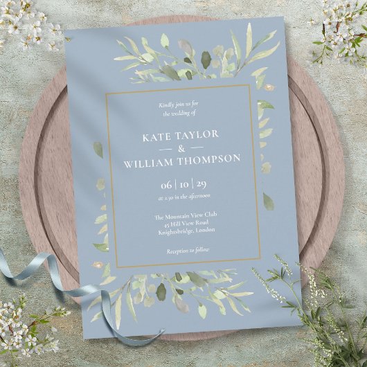 Invitation Mariage Feuillage de Verdure Botanique Bleu Poussi