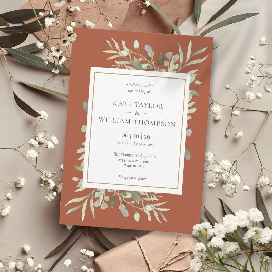 Invitation Mariage Feuillage de Verdure en Terracotta Or