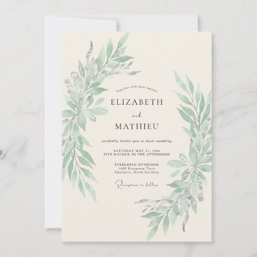 Invitation Mariage Feuillage Éthéré Vert Sauge (Devant)