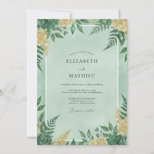 Invitation Mariage Feuillage Fougère Menthe (Devant)