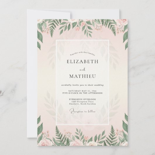 Invitation Mariage Feuillage Fougère Rose (Devant)