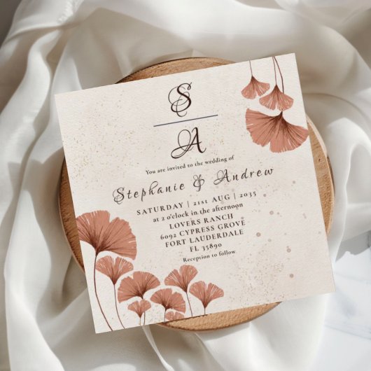 Invitation Mariage Feuillage Ginkgo Terracotta Rustique